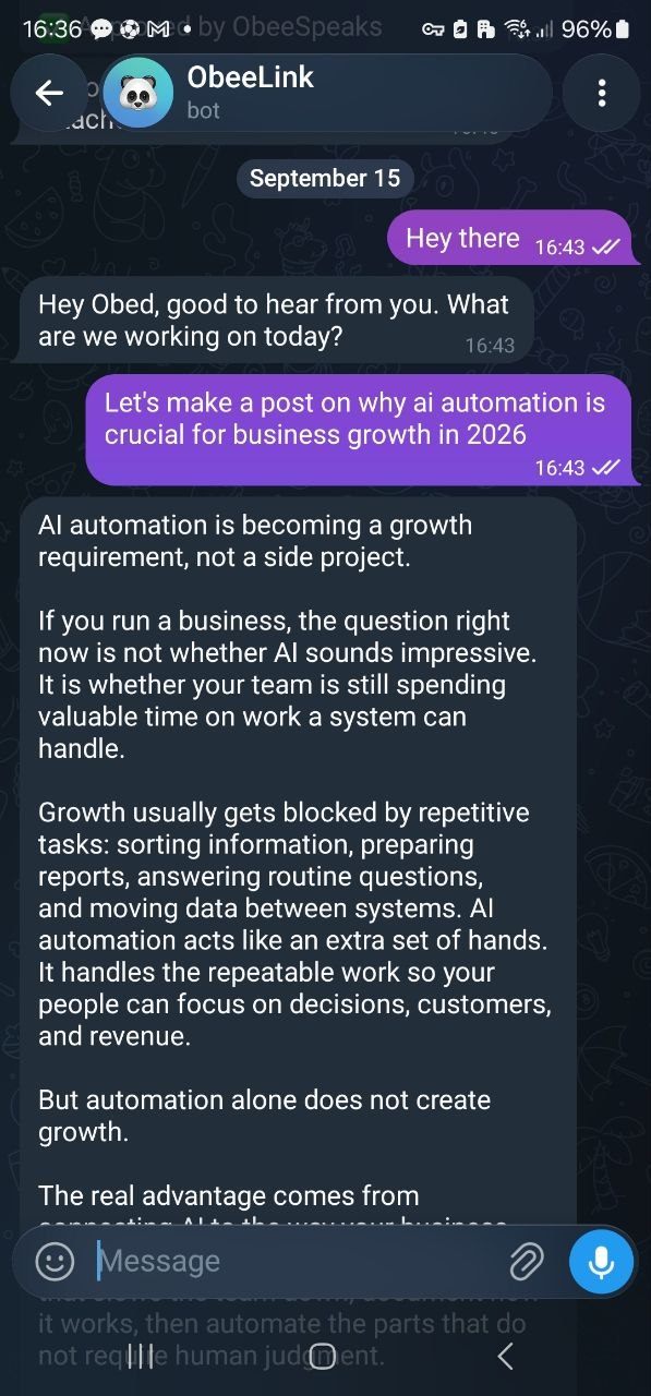 Telegram conversation showing the final publish confirmation gate and success message from the AI agent
